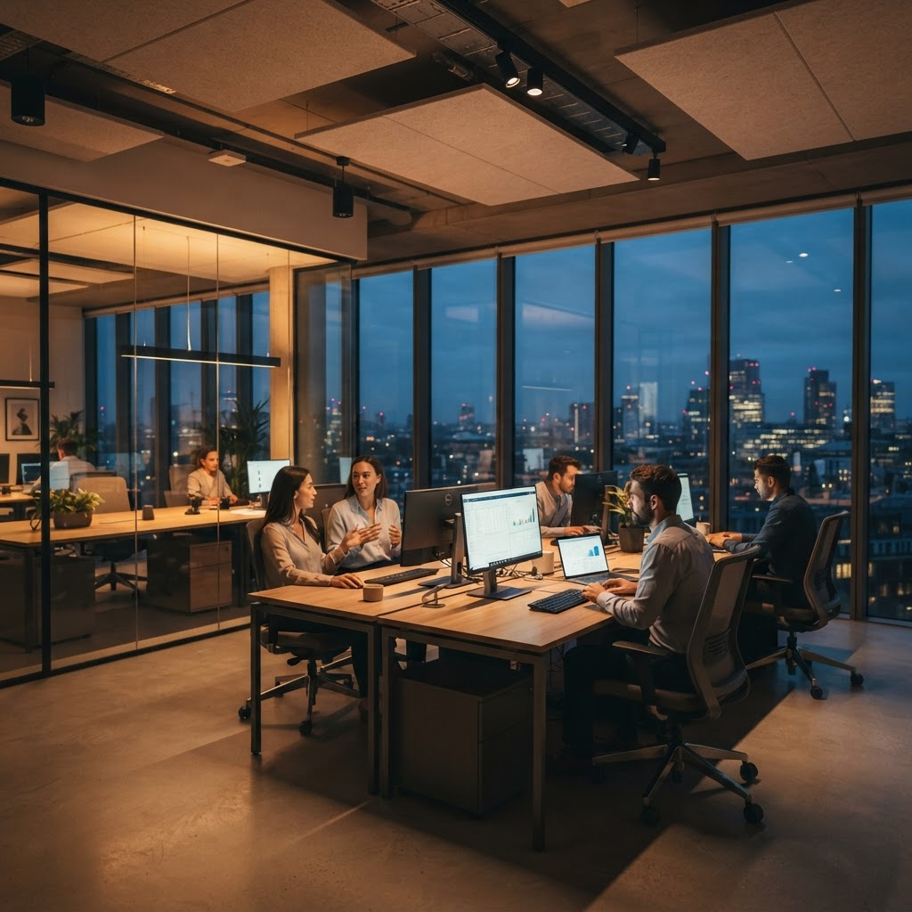 A modern office at dusk where a team collaborates
