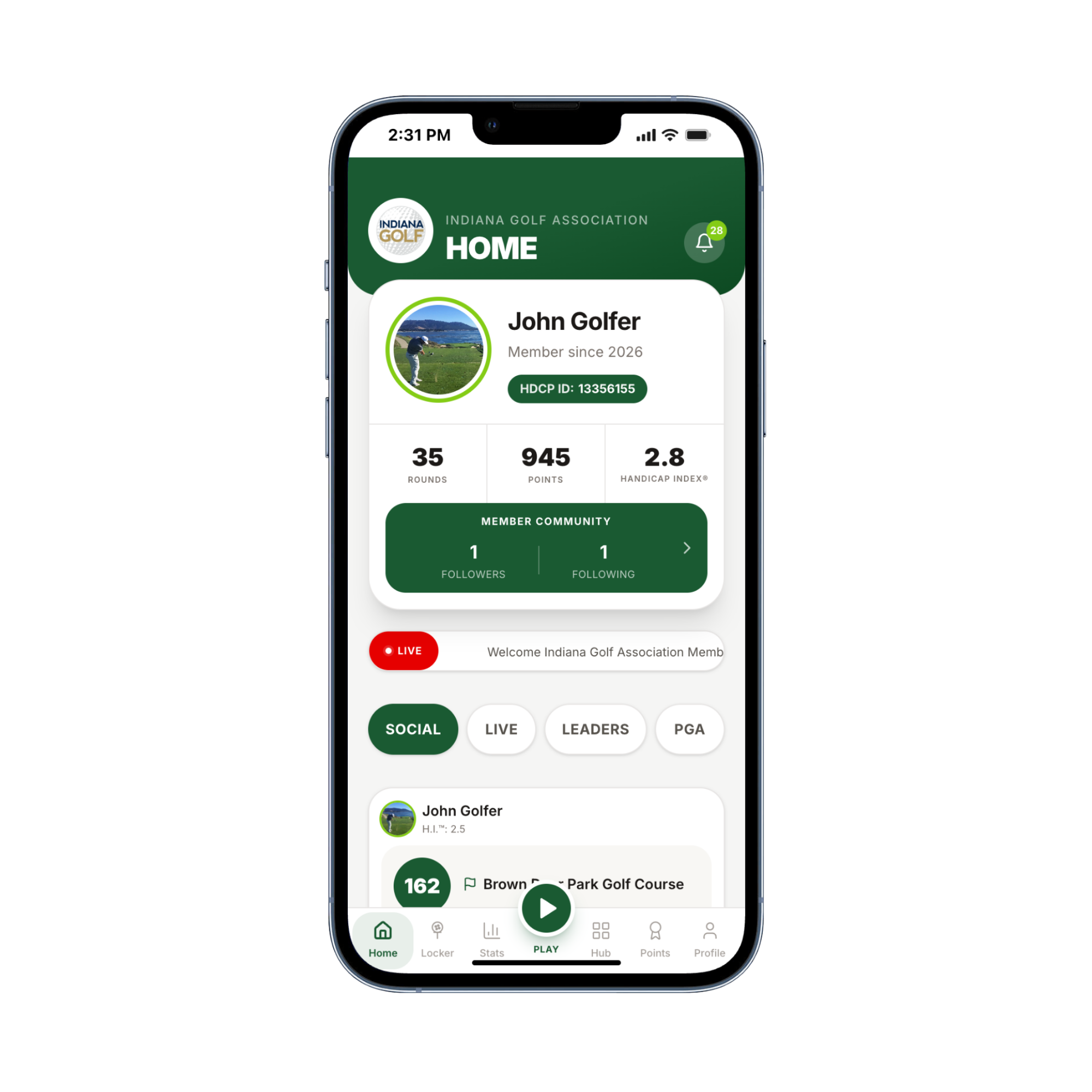 Home screen with profile, rounds, points and member community