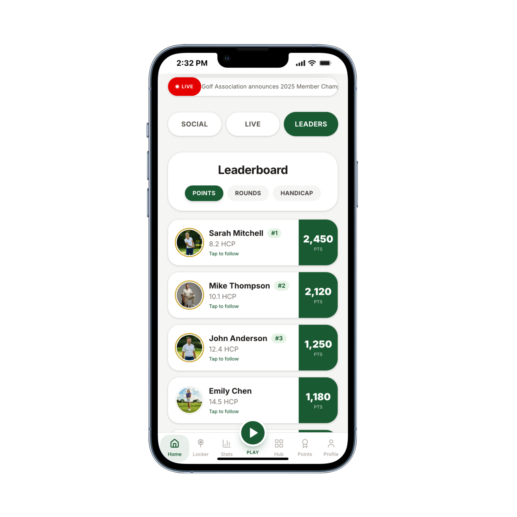 Leaderboard screen in the Golf Connect Clubhouse app