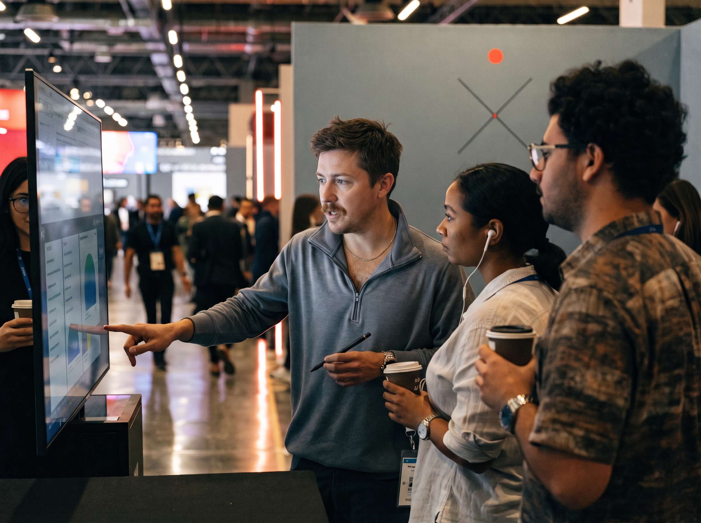 A CoreWorx engineer pointing out a dashboard on a display to two attendees holding coffee