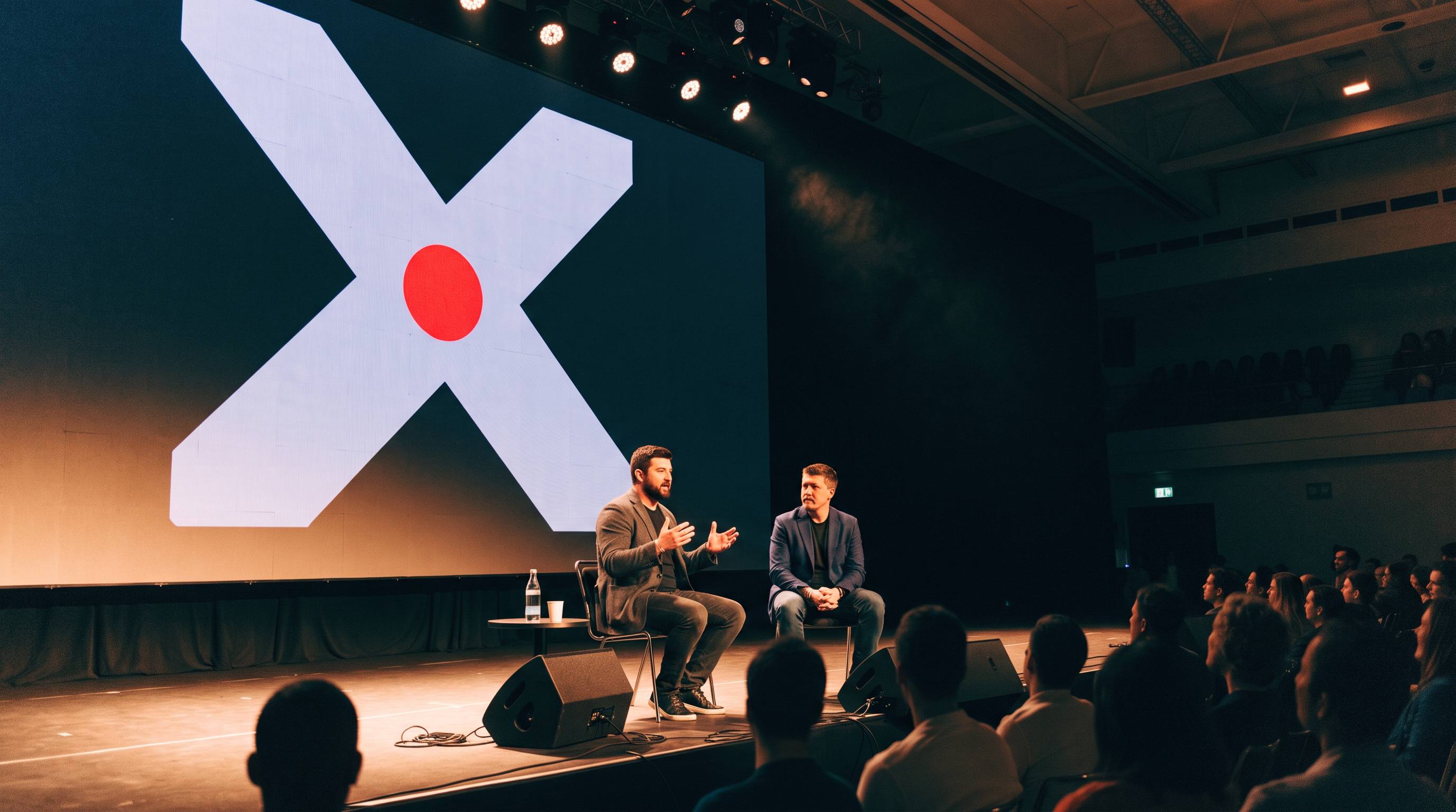 Two CoreWorx speakers in conversation on a stage in front of a large screen showing the CoreWorx X mark, with an audience in the foreground