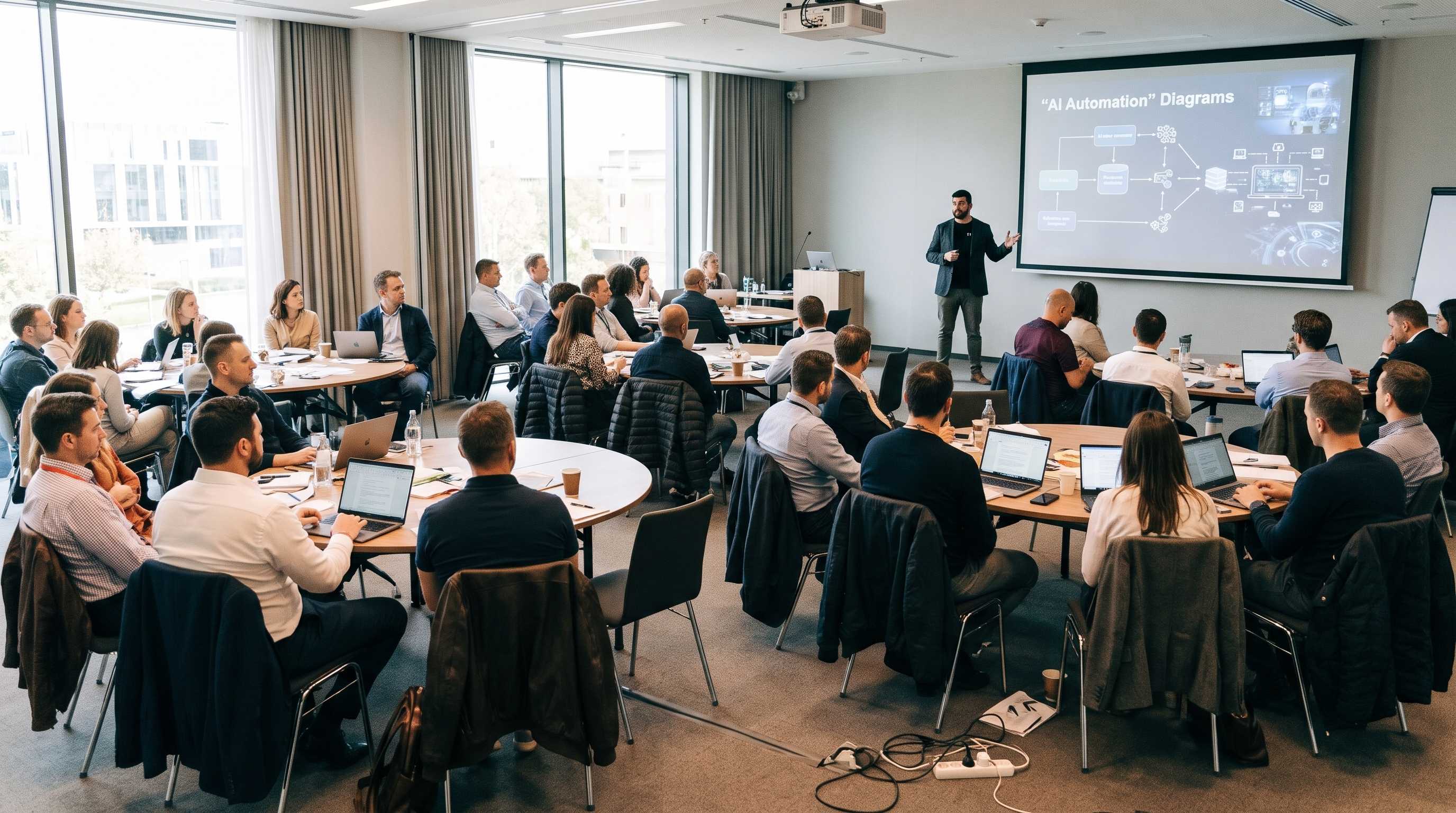 A presenter walking a room of business owners at round tables through an AI automation diagram on a projector screen